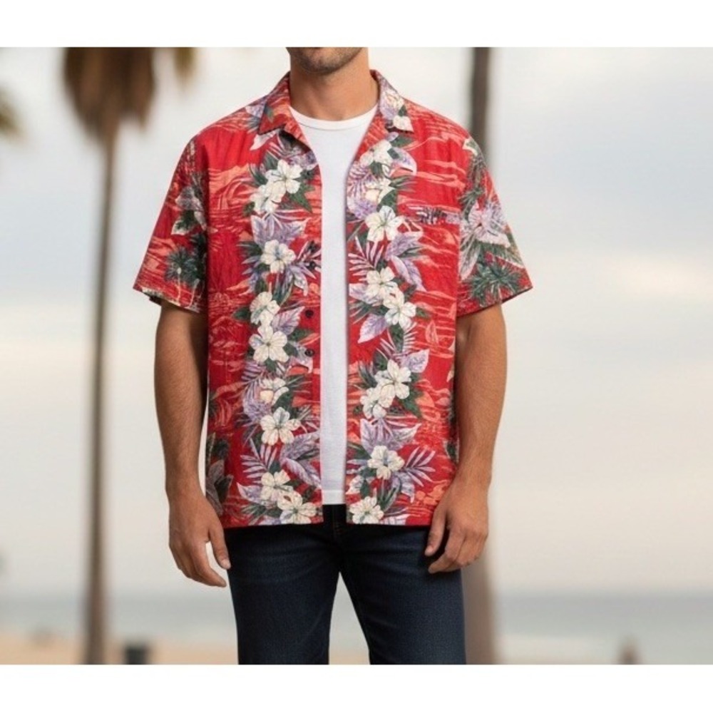Vintage Royal Creations Red Floral Hibiscus Hawaiian Shirt Made in‎ Hawaii L